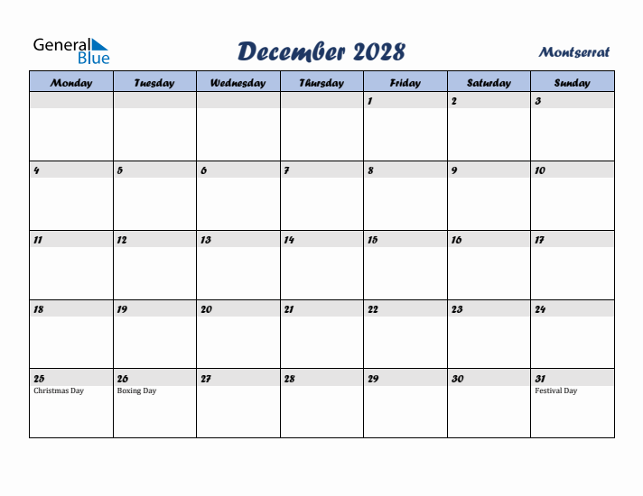 December 2028 Calendar with Holidays in Montserrat
