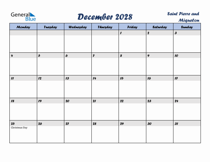 December 2028 Calendar with Holidays in Saint Pierre and Miquelon