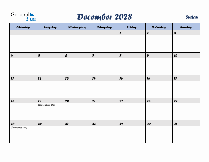 December 2028 Calendar with Holidays in Sudan