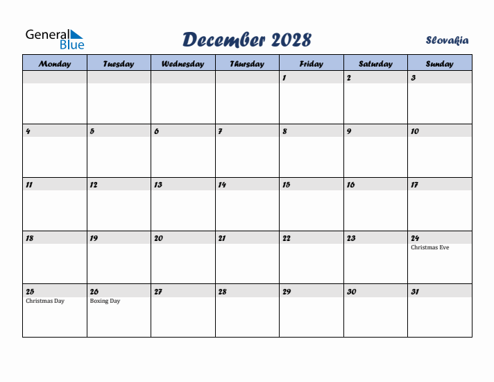 December 2028 Calendar with Holidays in Slovakia