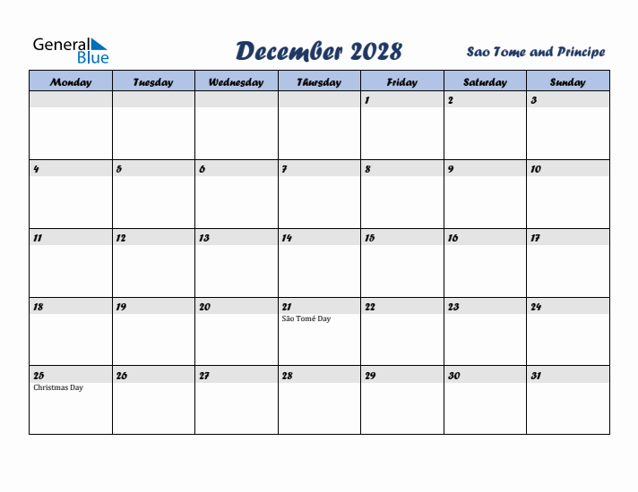 December 2028 Calendar with Holidays in Sao Tome and Principe