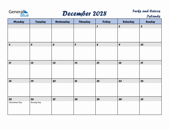 December 2028 Calendar with Holidays in Turks and Caicos Islands