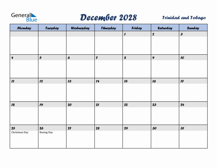 December 2028 Calendar with Holidays in Trinidad and Tobago