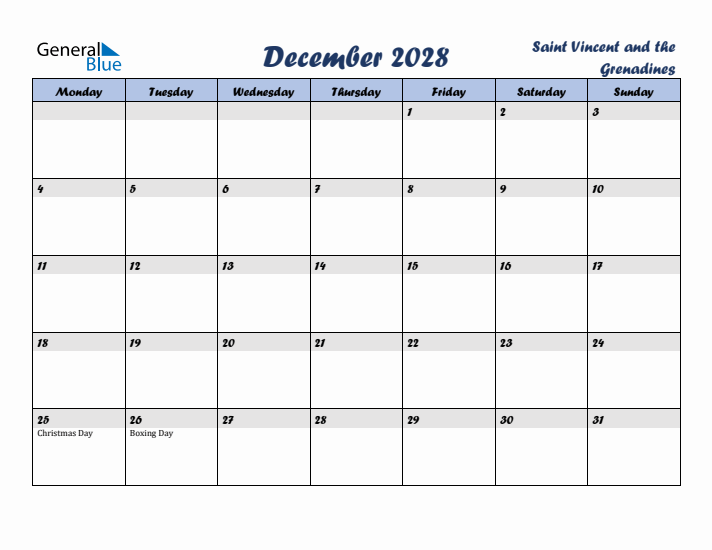 December 2028 Calendar with Holidays in Saint Vincent and the Grenadines