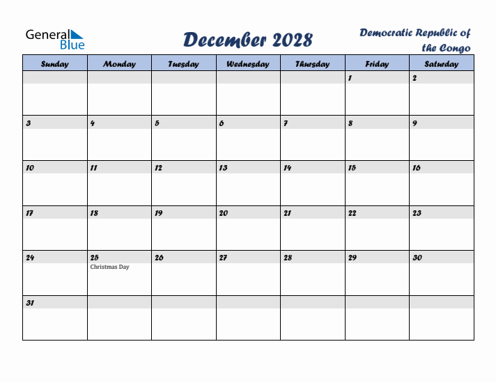 December 2028 Calendar with Holidays in Democratic Republic of the Congo