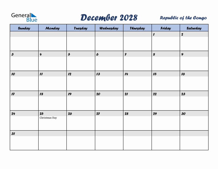 December 2028 Calendar with Holidays in Republic of the Congo