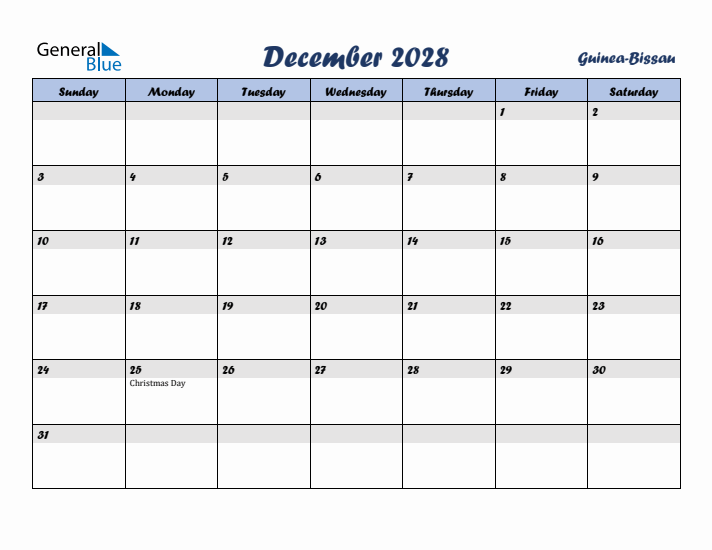 December 2028 Calendar with Holidays in Guinea-Bissau