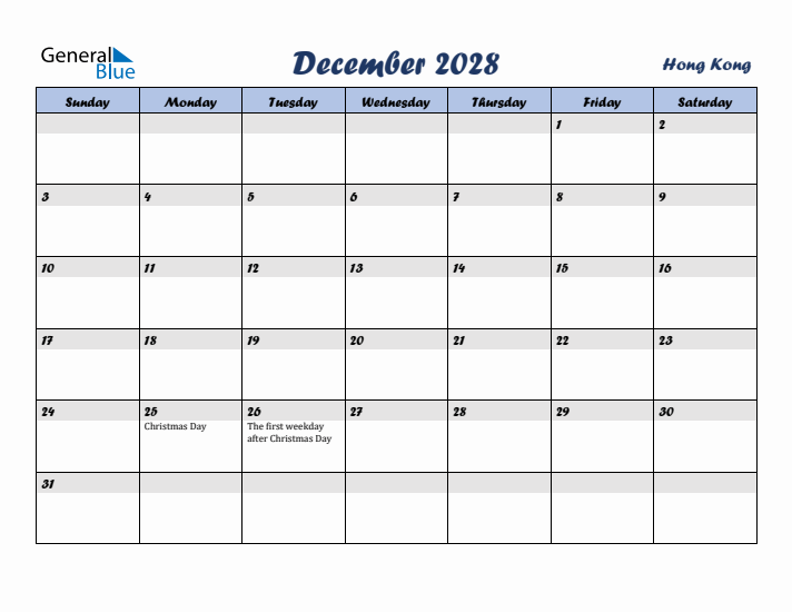December 2028 Calendar with Holidays in Hong Kong