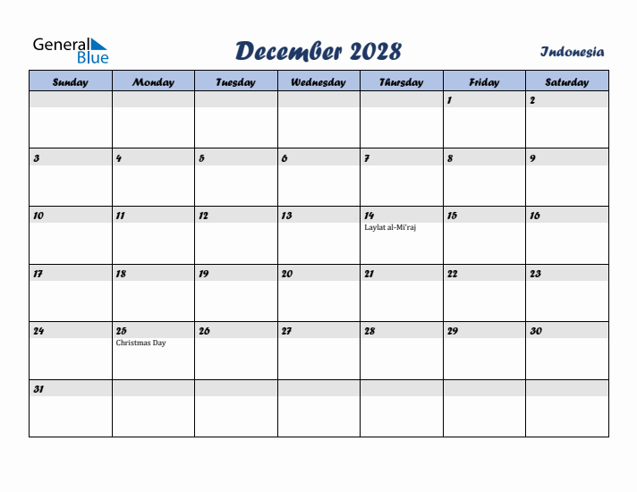 December 2028 Calendar with Holidays in Indonesia
