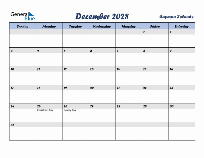 December 2028 Calendar with Holidays in Cayman Islands