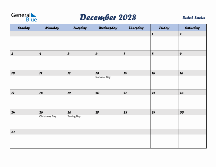 December 2028 Calendar with Holidays in Saint Lucia