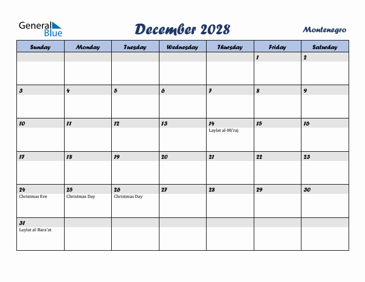 December 2028 Calendar with Holidays in Montenegro