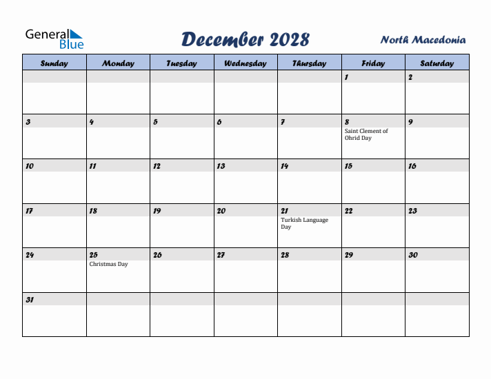 December 2028 Calendar with Holidays in North Macedonia