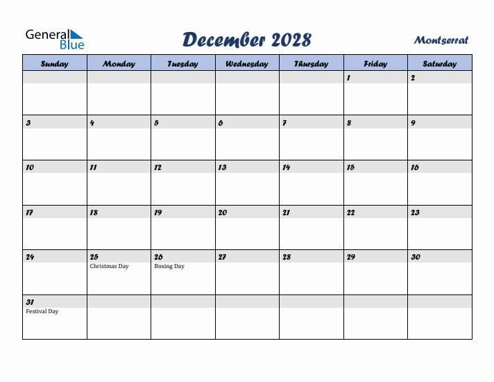 December 2028 Calendar with Holidays in Montserrat