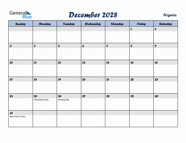 December 2028 Calendar with Holidays in Nigeria