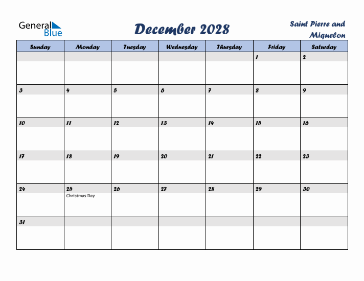 December 2028 Calendar with Holidays in Saint Pierre and Miquelon