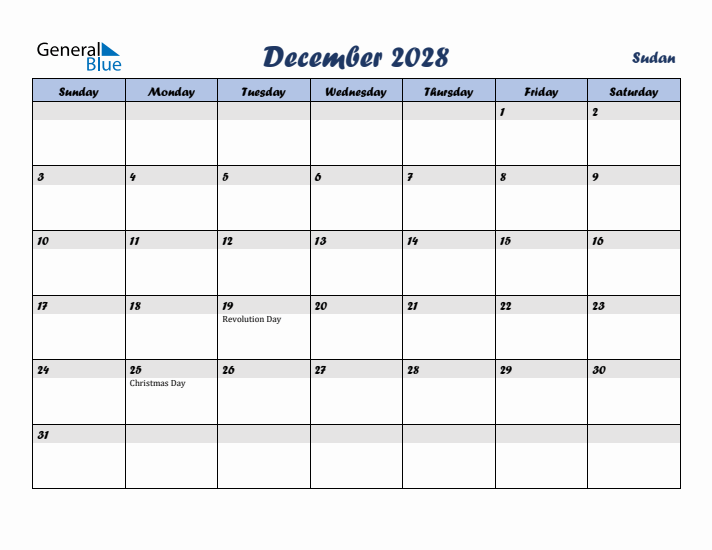 December 2028 Calendar with Holidays in Sudan