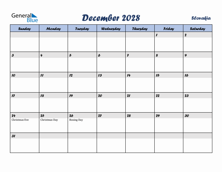 December 2028 Calendar with Holidays in Slovakia