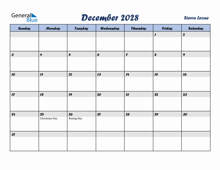 December 2028 Calendar with Holidays in Sierra Leone