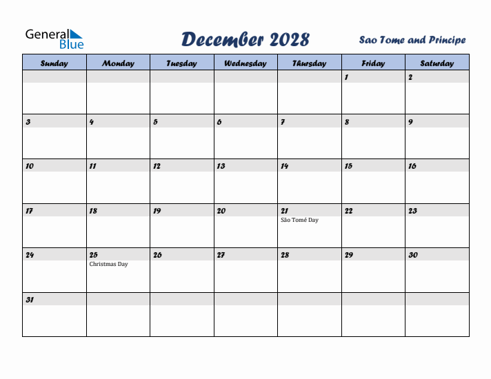 December 2028 Calendar with Holidays in Sao Tome and Principe