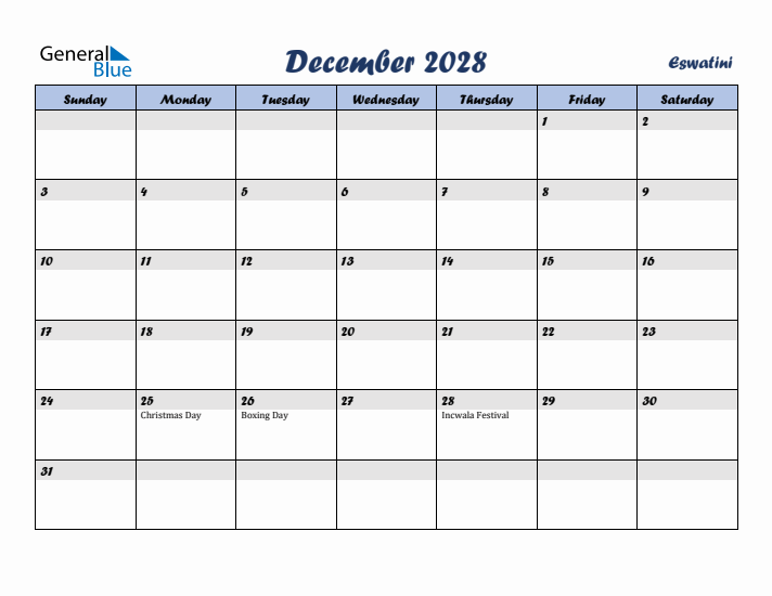 December 2028 Calendar with Holidays in Eswatini