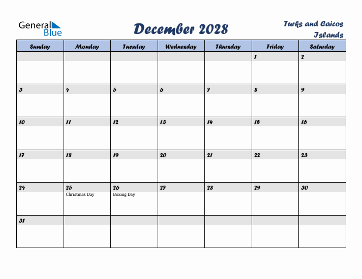 December 2028 Calendar with Holidays in Turks and Caicos Islands