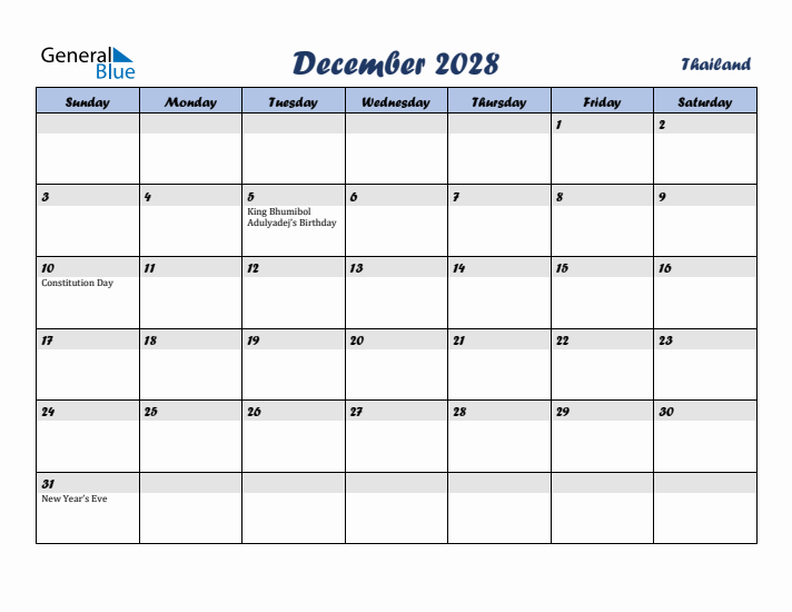 December 2028 Calendar with Holidays in Thailand