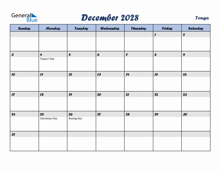 December 2028 Calendar with Holidays in Tonga