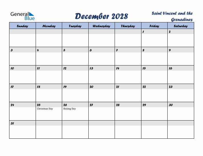December 2028 Calendar with Holidays in Saint Vincent and the Grenadines
