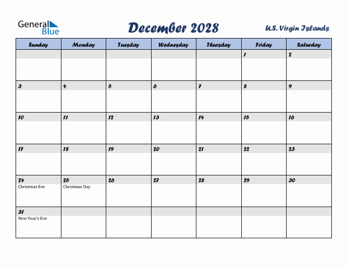 December 2028 Calendar with Holidays in U.S. Virgin Islands
