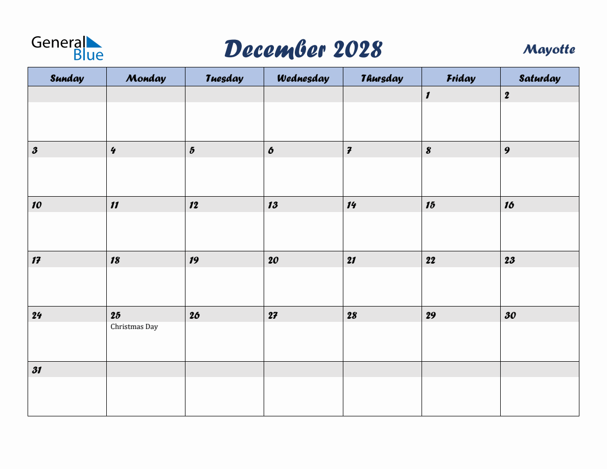 December 2028 Monthly Calendar Template with Holidays for Mayotte