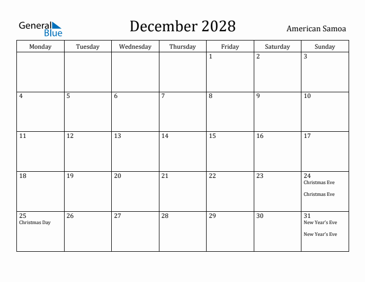 December 2028 Calendar American Samoa