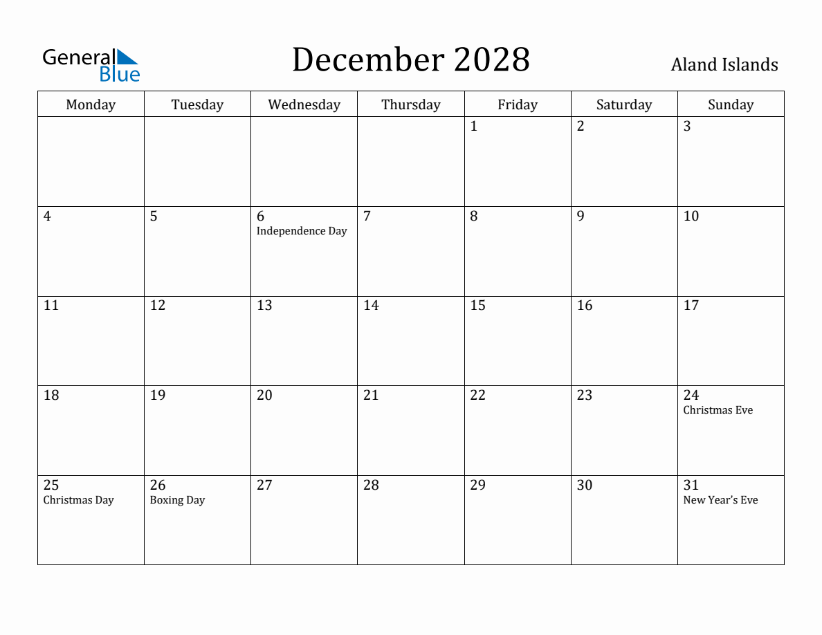 Aland Islands Monthly Calendar - December 2028 (Monday Start)