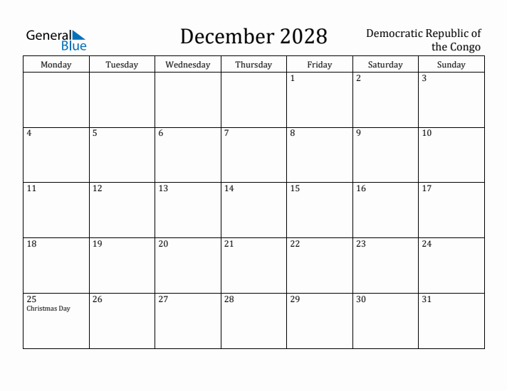 December 2028 Calendar Democratic Republic of the Congo