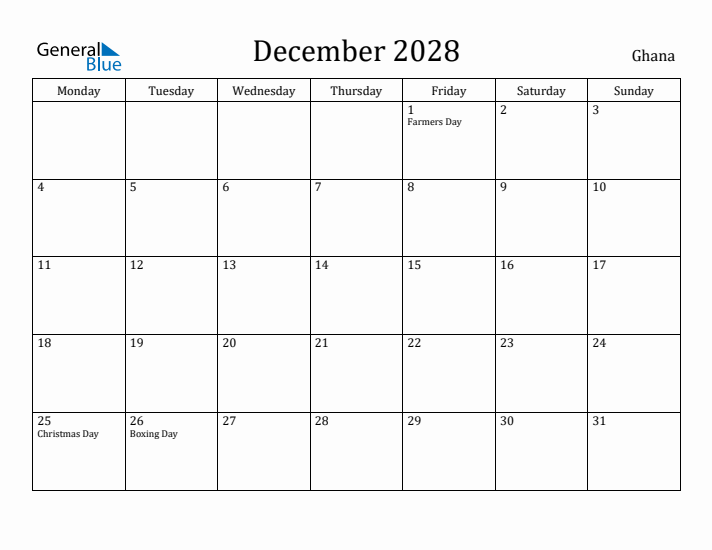 December 2028 Calendar Ghana