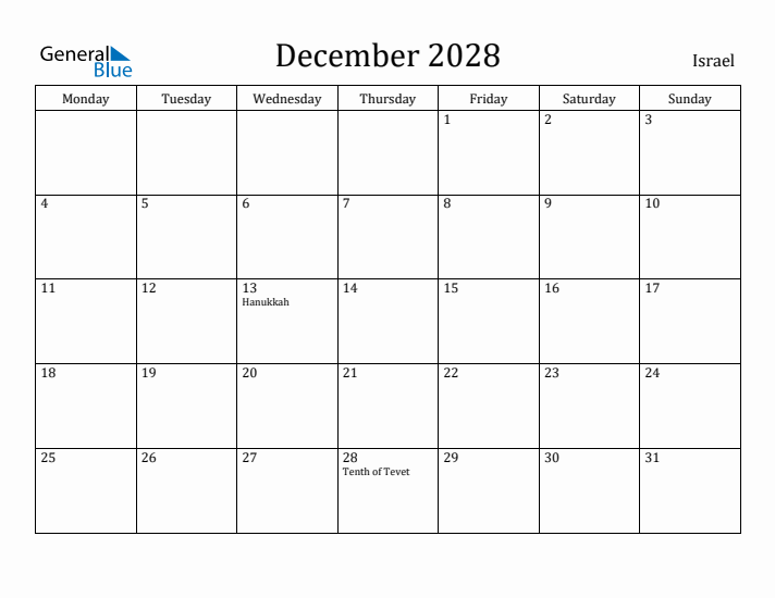 December 2028 Calendar Israel