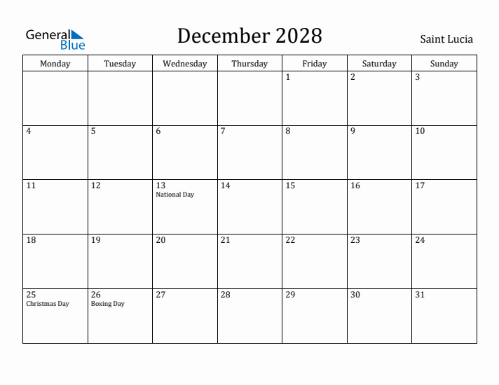 December 2028 Calendar Saint Lucia