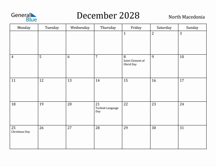 December 2028 Calendar North Macedonia