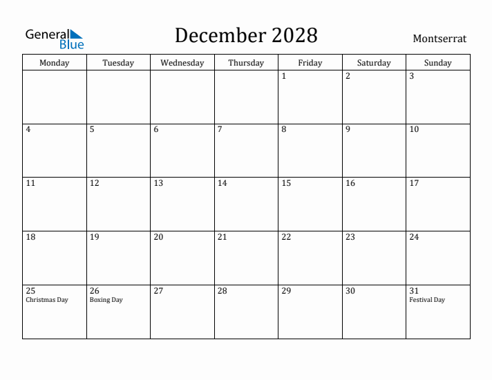 December 2028 Calendar Montserrat
