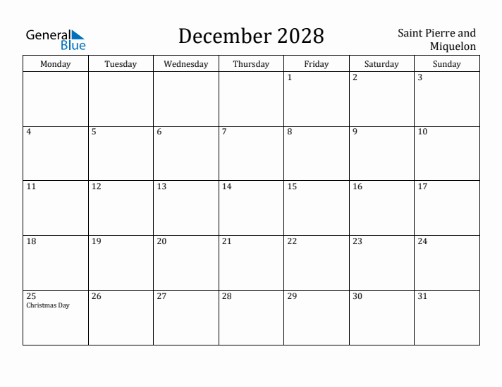 December 2028 Calendar Saint Pierre and Miquelon