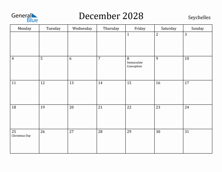 December 2028 Calendar Seychelles