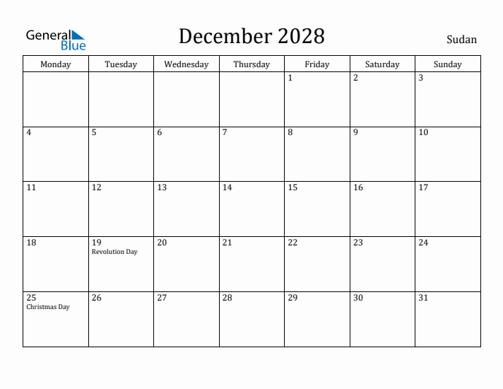 December 2028 Calendar Sudan