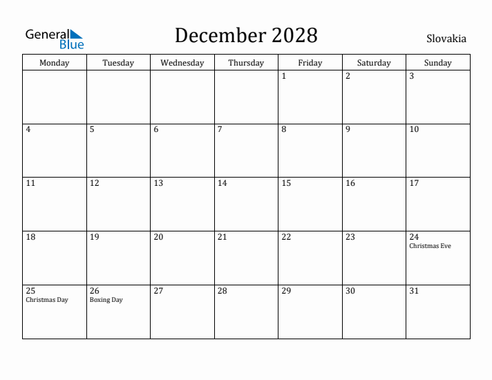 December 2028 Calendar Slovakia