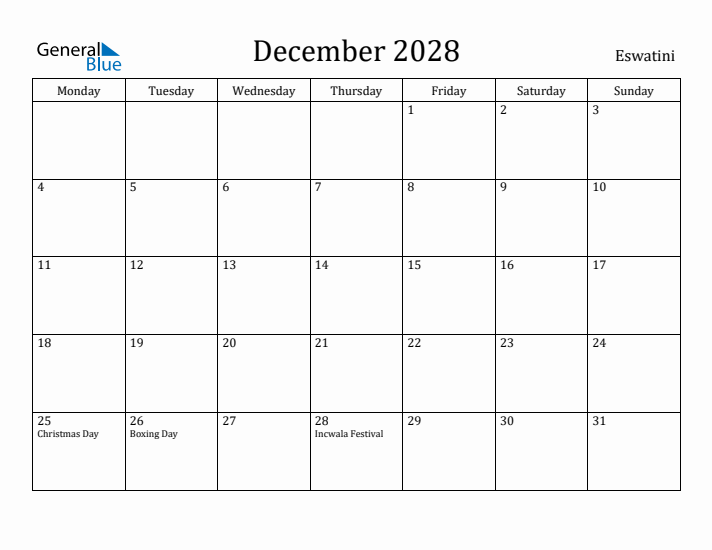 December 2028 Calendar Eswatini