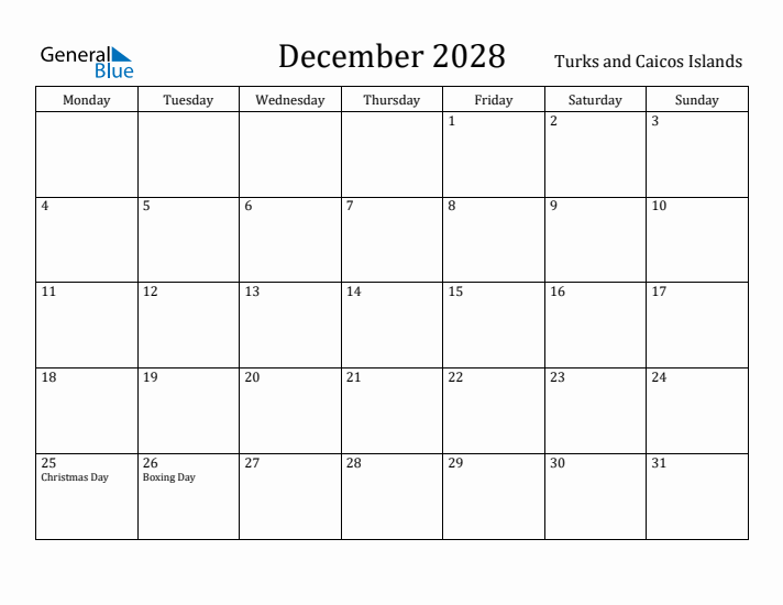 December 2028 Calendar Turks and Caicos Islands