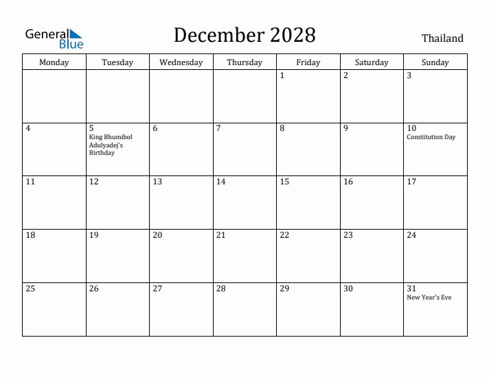 December 2028 Calendar Thailand
