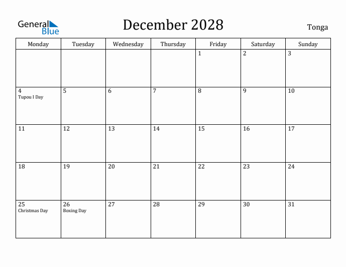December 2028 Calendar Tonga