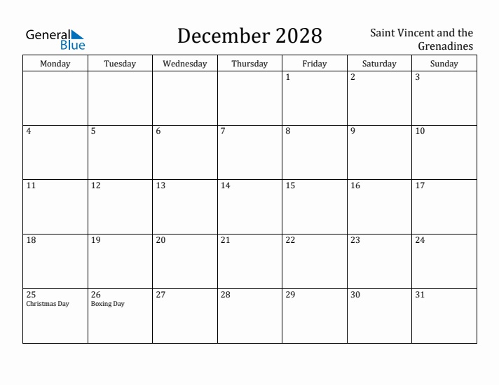 December 2028 Calendar Saint Vincent and the Grenadines