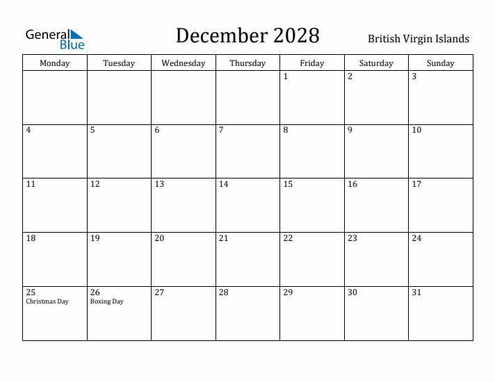 December 2028 Calendar British Virgin Islands