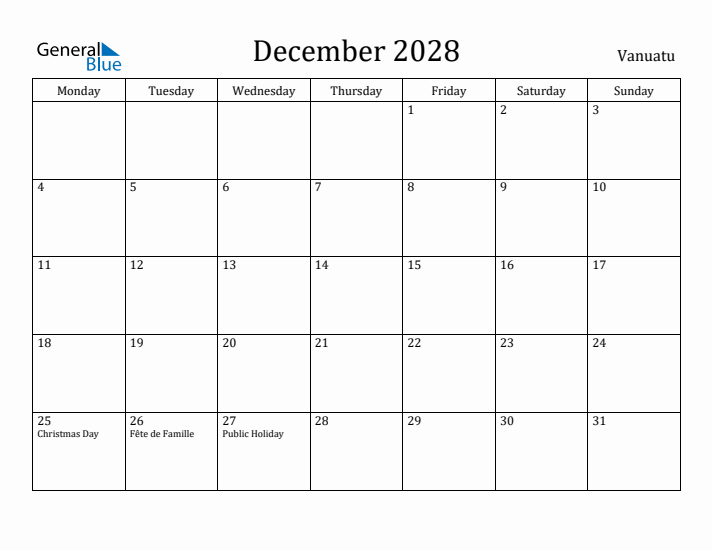 December 2028 Calendar Vanuatu